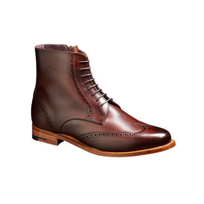 A dark brown leather lace-up ankle boot with brogue detailing, shown from a three-quarters angle on a plain white background.
