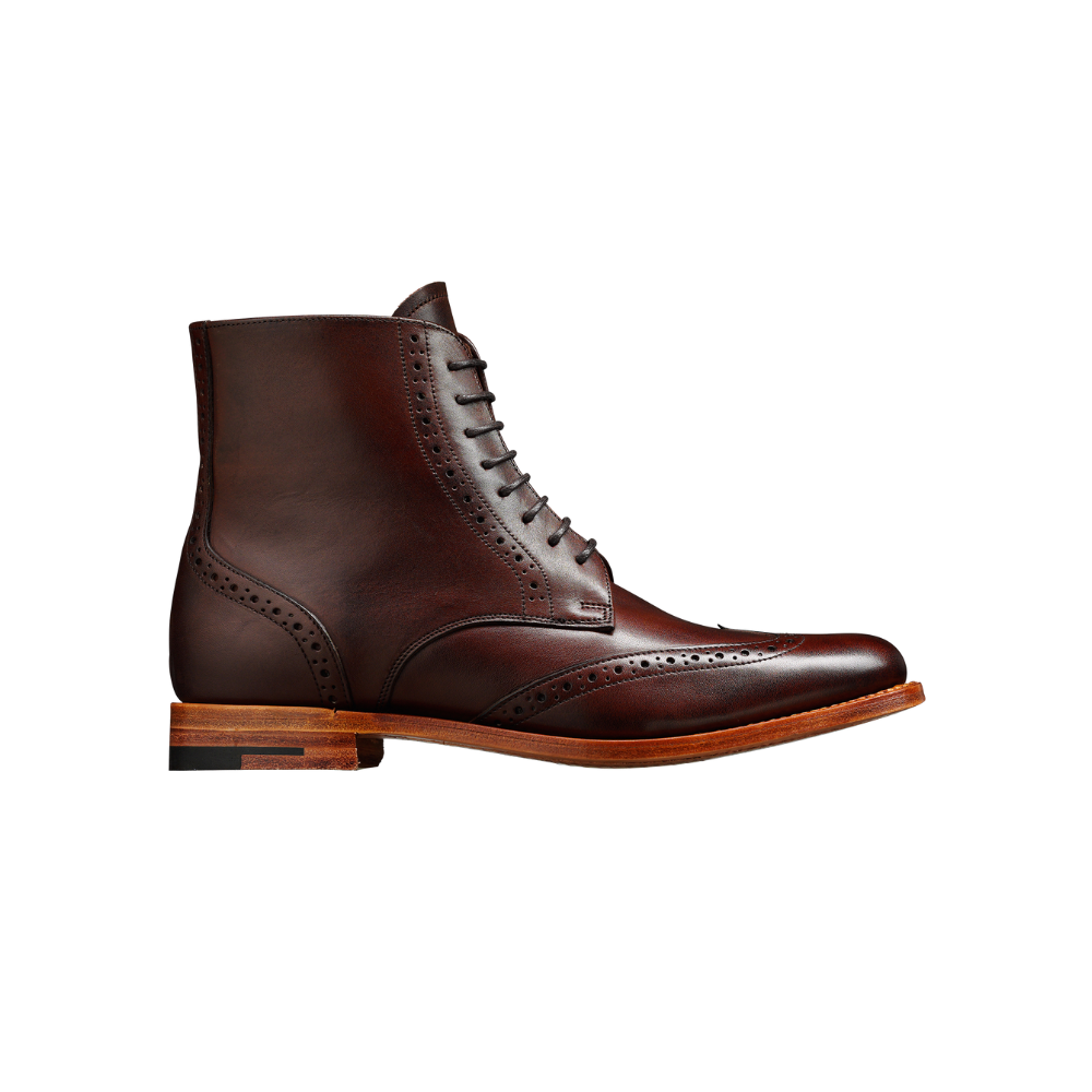 A dark brown leather lace-up ankle boot with brogue detailing, shown in a side profile on a plain white background.